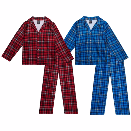 Quad Seven Boys Flannel Fleece Pajamas - 4 Piece Long Sleeve Button Down Sleepwear Set (Sizes: 8-14)